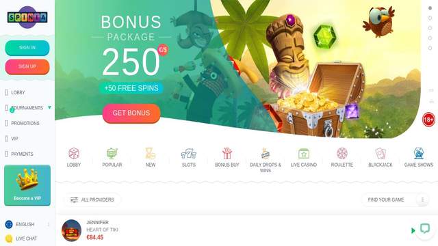 Spinia casino screenshot